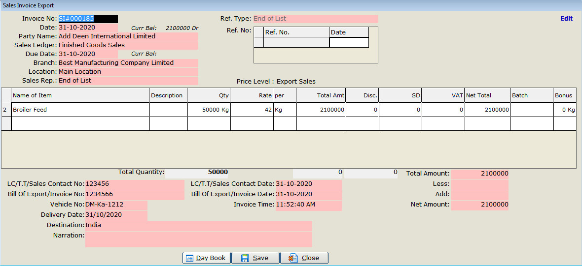 Export Sales Invoice